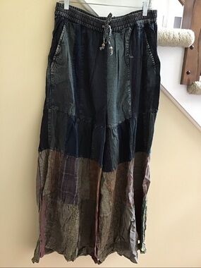 Boho Wide Leg Patchwork Pants — Navy and Mixed Earth Tones